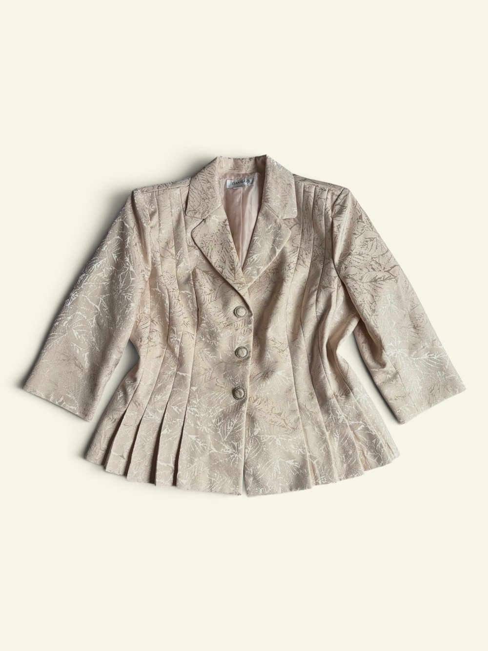 Vintage Y2K Danillo Beige Jacquard Blazer Pleated Peplum Rhinestone Button 14